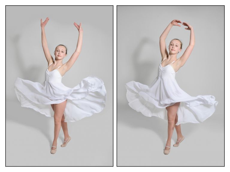 studio photographer kent dance model portfolio young teen in ballet dress performing a pirouette